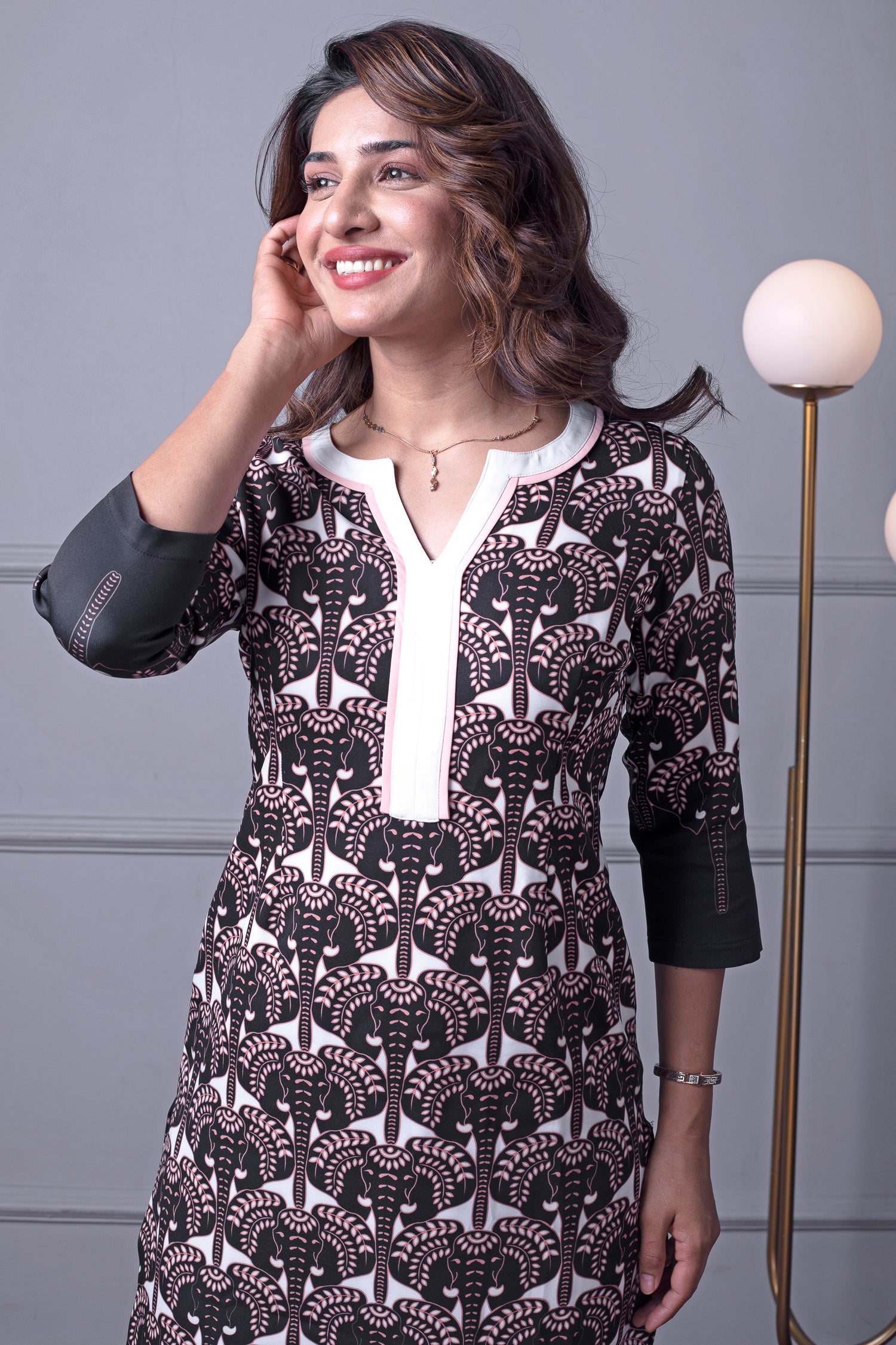 Black &amp; Peach Elephant Print Kurti