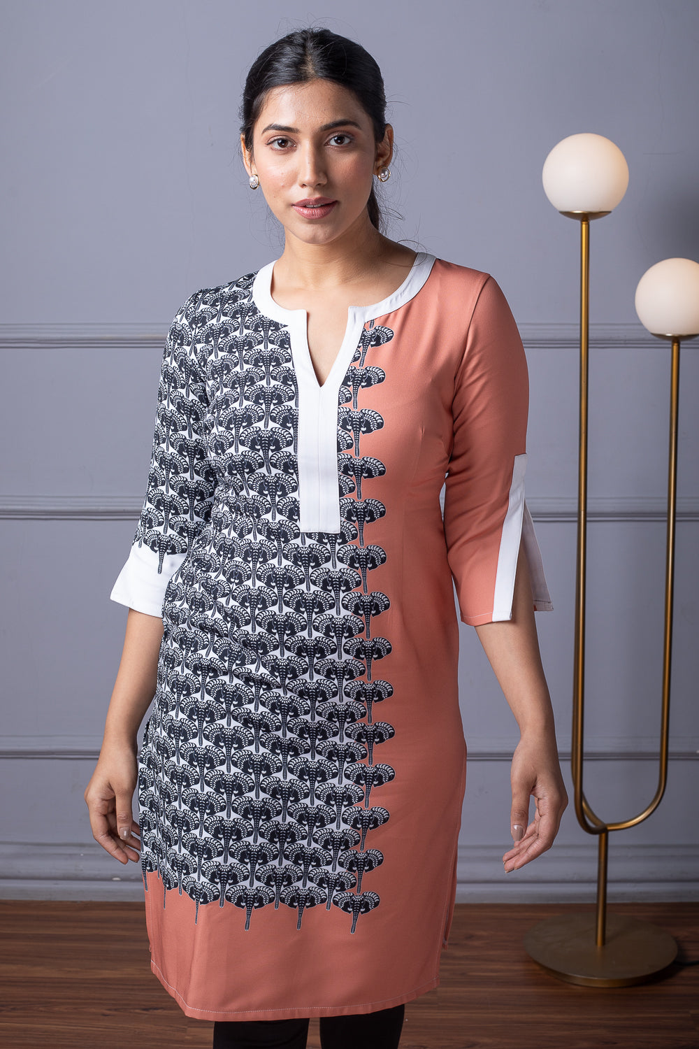 Asymmetrical Peach &amp; Elephant Print Kurti