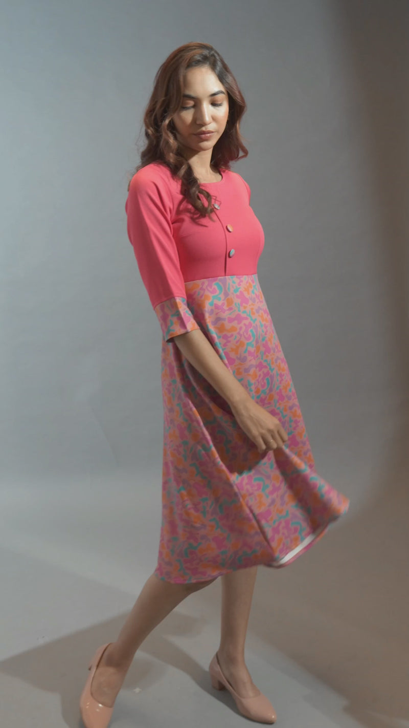Load and play video in Gallery viewer, Printed Flare Skirt Dress #color_Hot Pink
